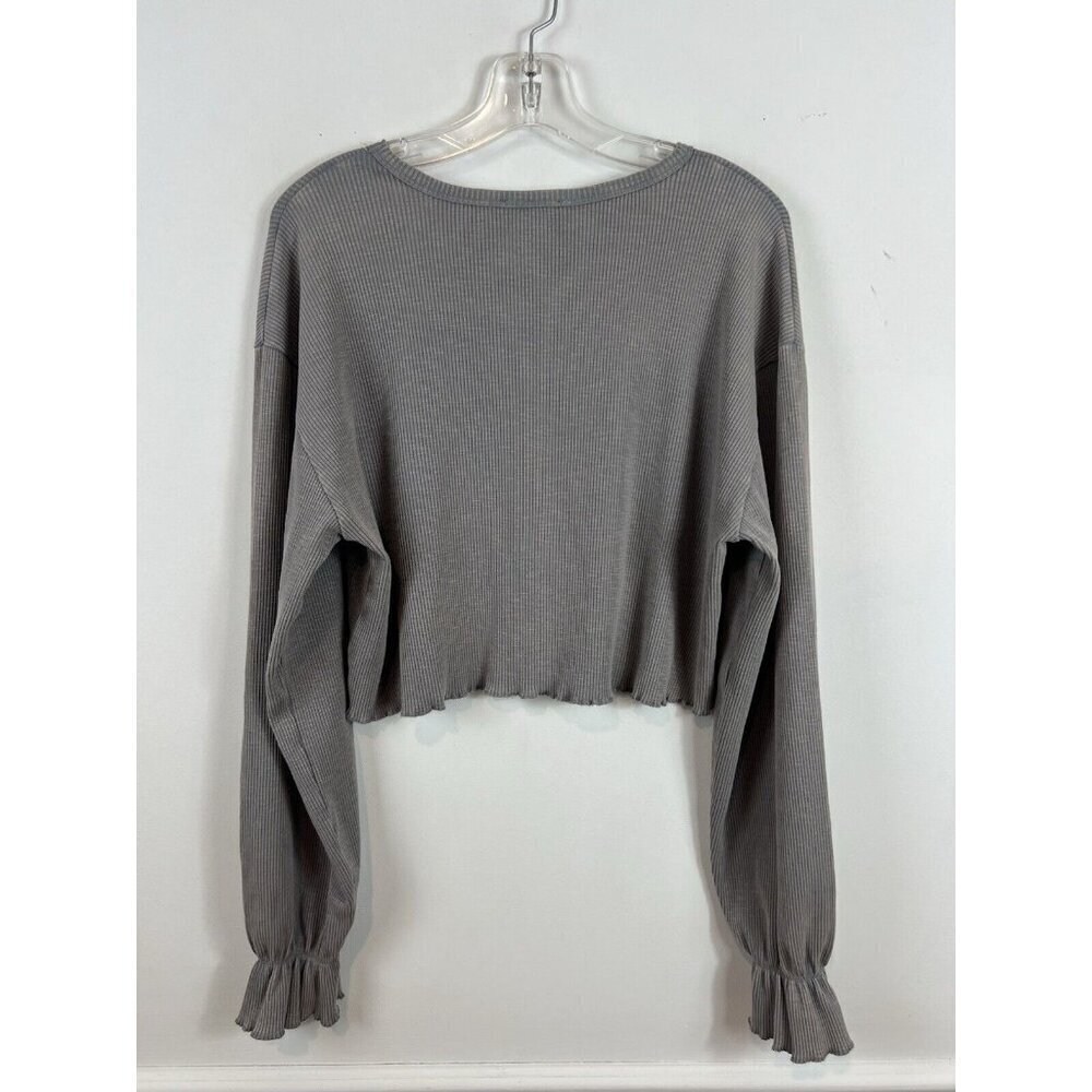 Zara Ribbed Cropped Long Sleeve Shirt New Large Grey Boho Flirty Staple Warm - Picture 2 of 7